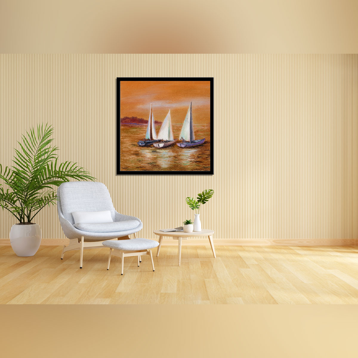 "Hand-Drawn Pastel Landscape with Yachts on the Serene Seashore."