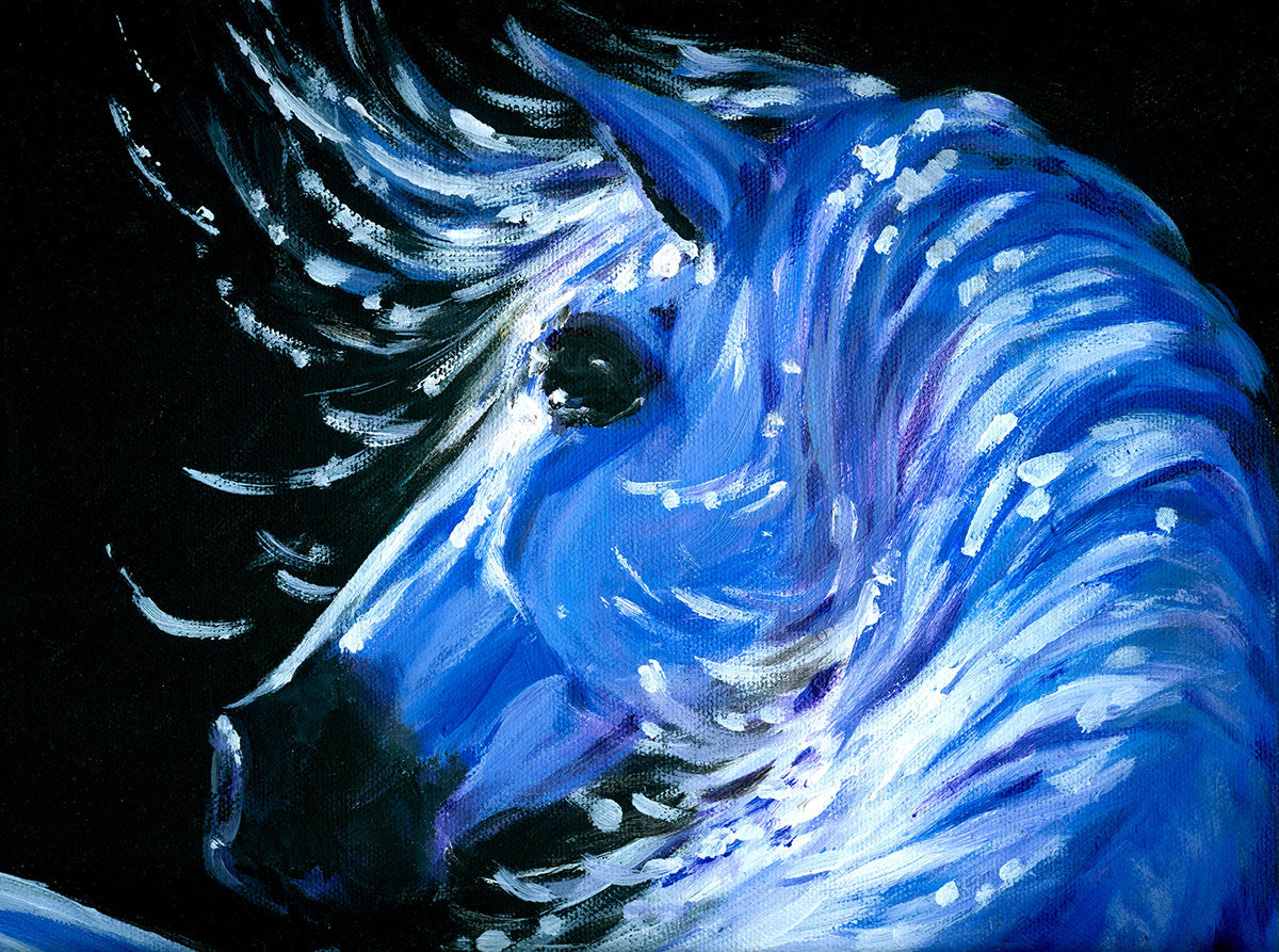 "Mystical Night: A White Horse in Acrylic Paint, Crafted by Me."