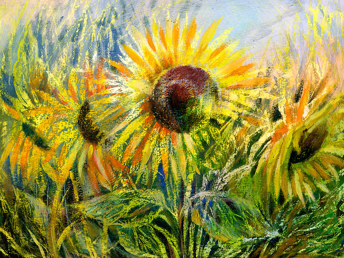 "Gouache Sunflowers: A Vivid Artwork on Paper."