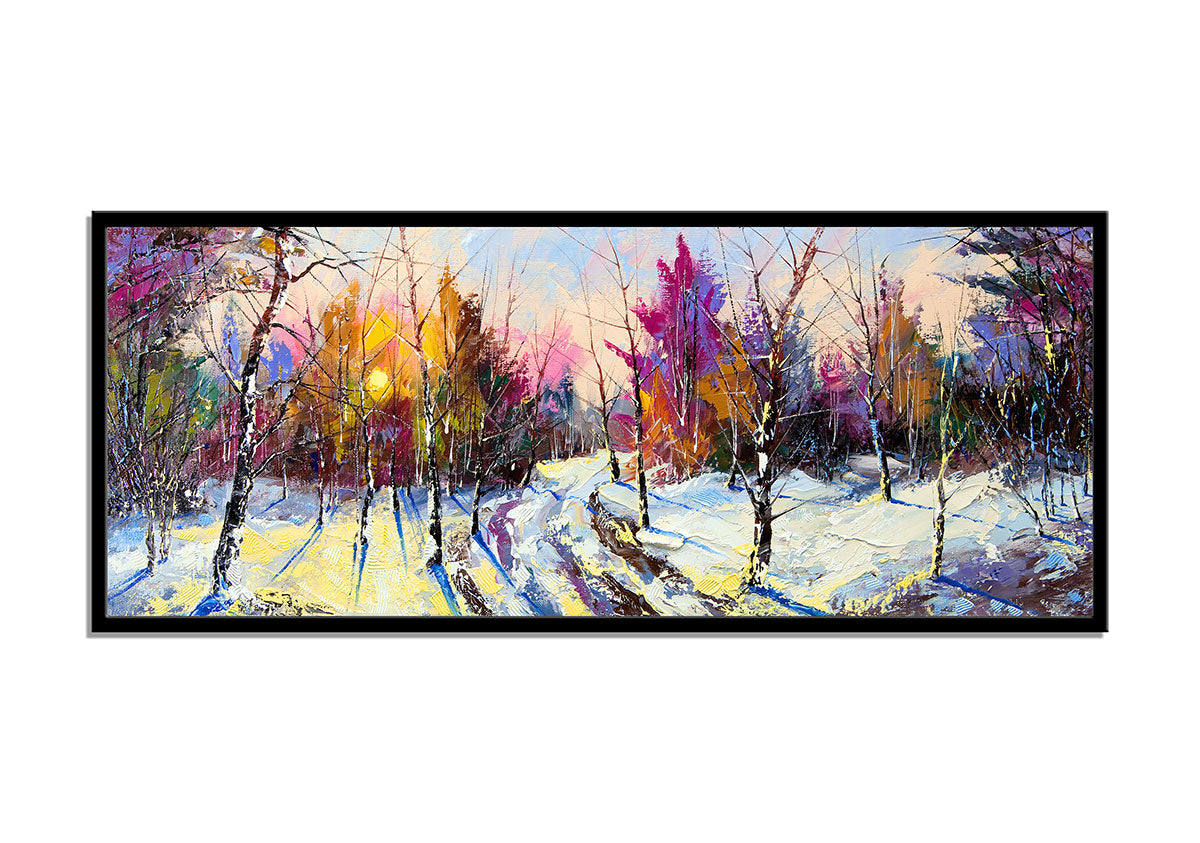 "Winter Wood's Sunset: A Majestic Scene of Nature's Tranquility."