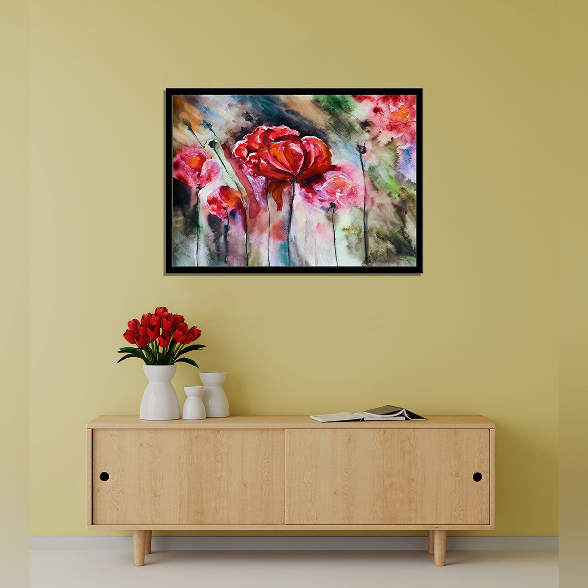 "Blossoming Poppies: A Watercolor Rendering of Poppy Flowers and Buds."