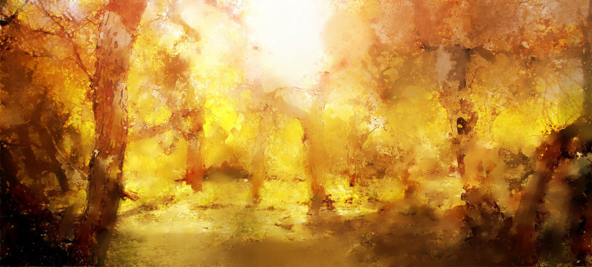 "Autumn's Palette: Abstract Painting of a Colorful Forest with Yellow Leaves."