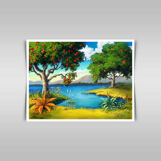 "Fruit Tree by the Lake: A Serene and Scenic Landscape."