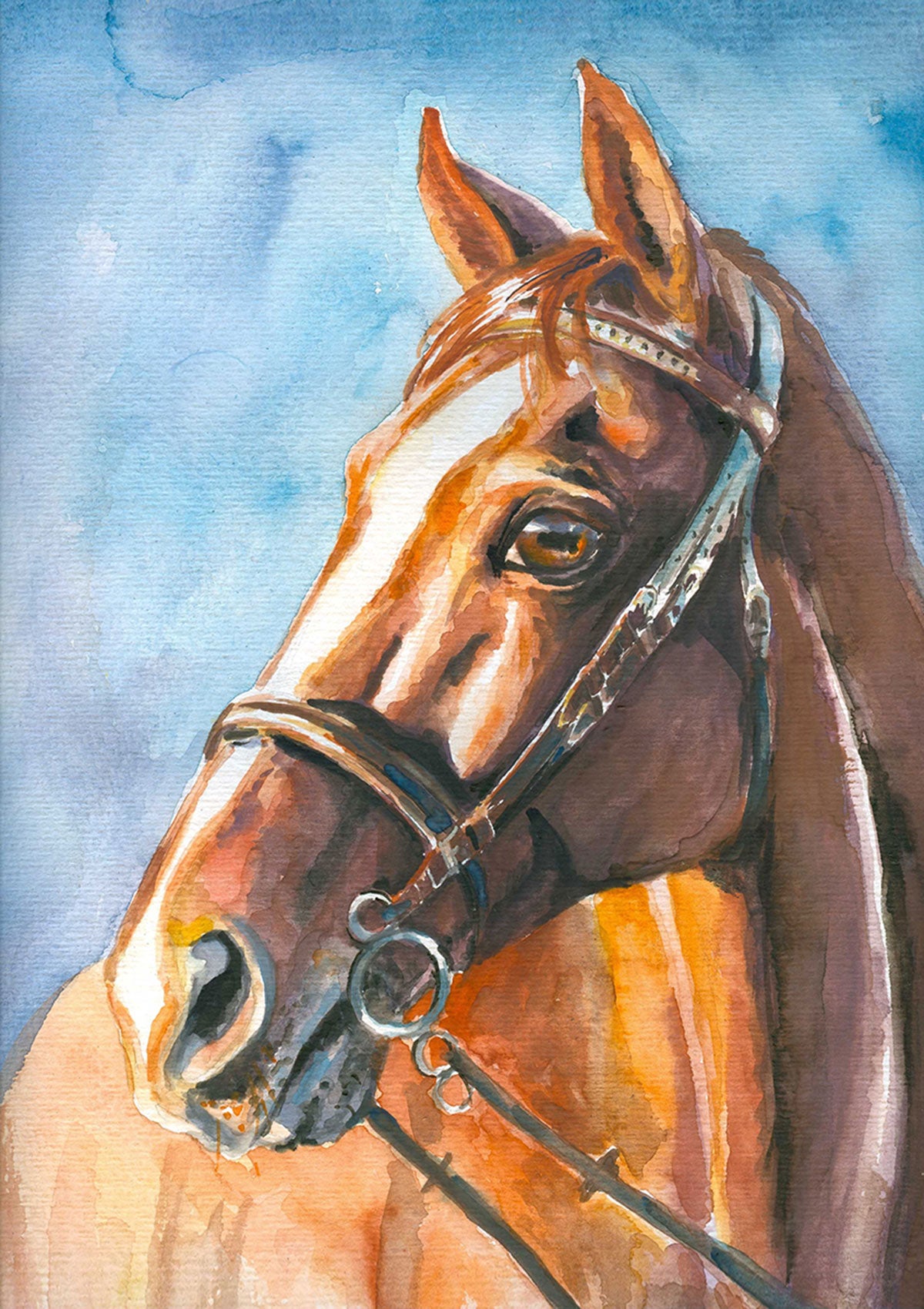 "Watercolor Elegance: Portrait of a Light Brown Horse with Harness."