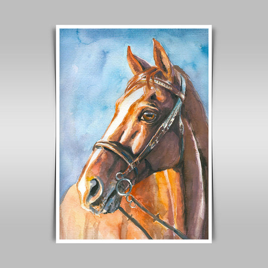 "Watercolor Elegance: Portrait of a Light Brown Horse with Harness."