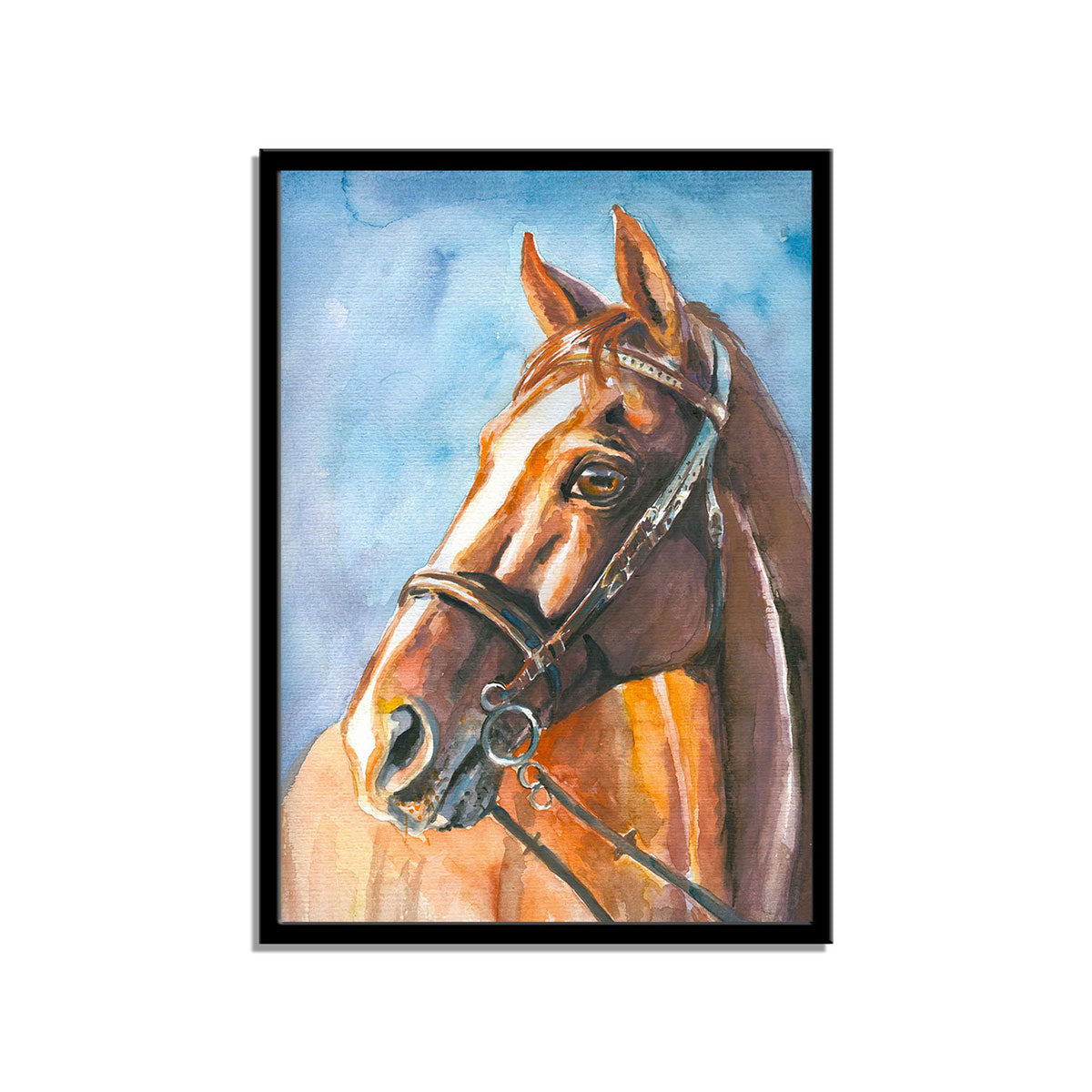 "Watercolor Elegance: Portrait of a Light Brown Horse with Harness."