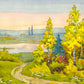 "Tranquil Valley Path: A Watercolor Landscape Leading to the Lake."