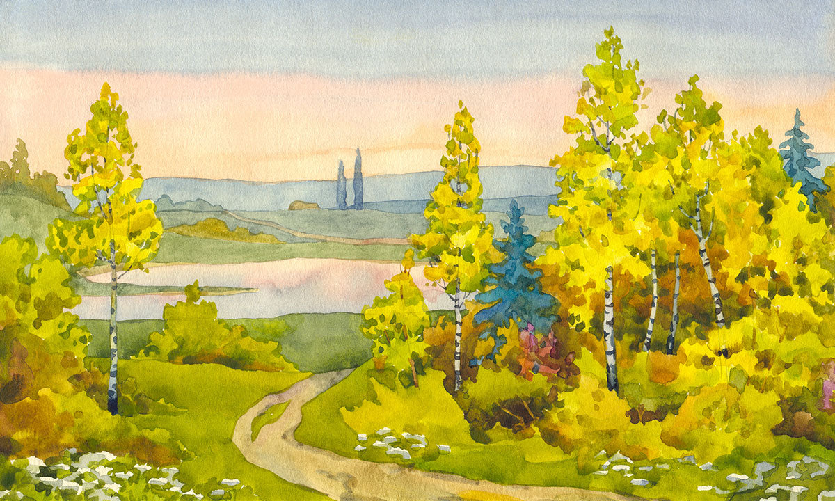 "Tranquil Valley Path: A Watercolor Landscape Leading to the Lake."