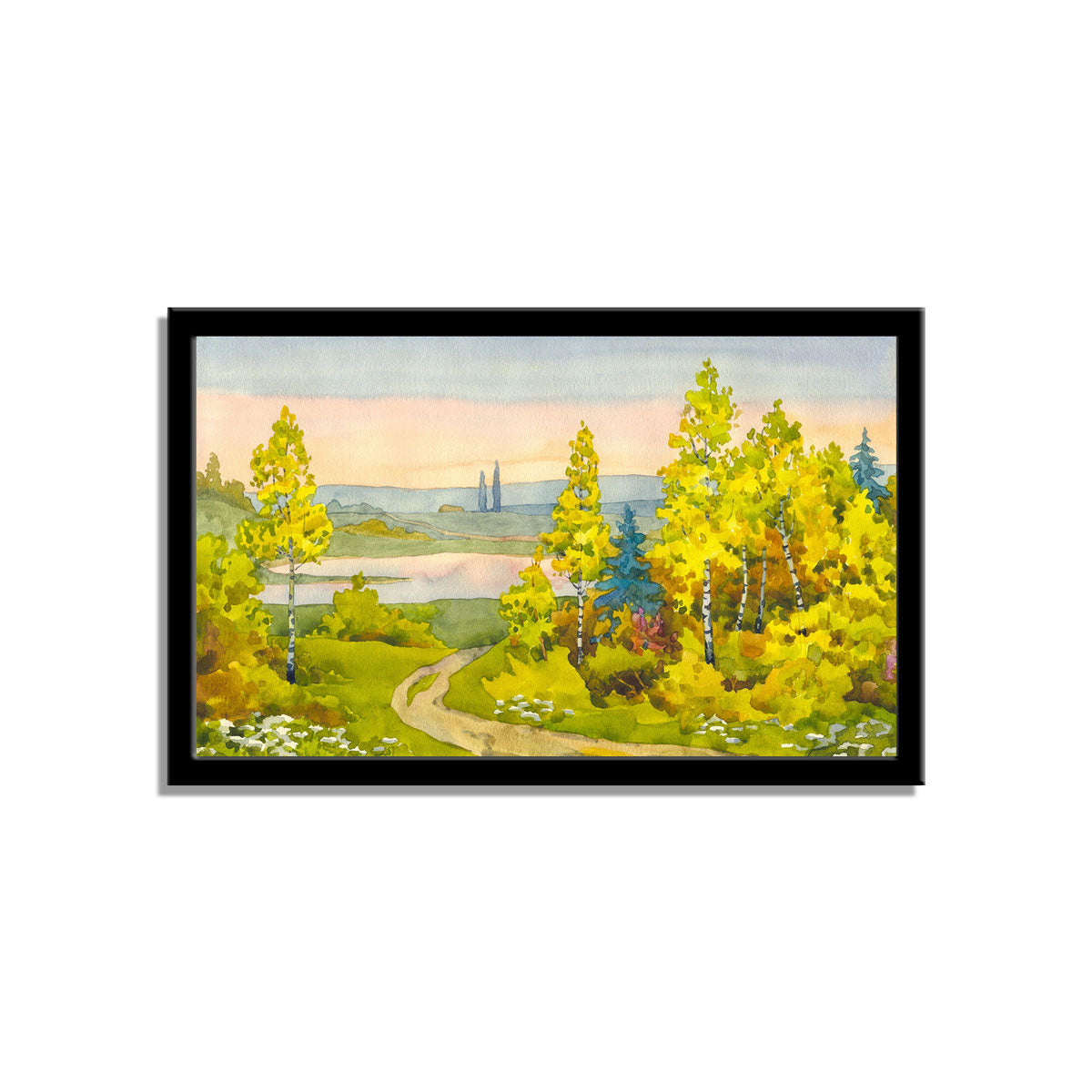 "Tranquil Valley Path: A Watercolor Landscape Leading to the Lake."