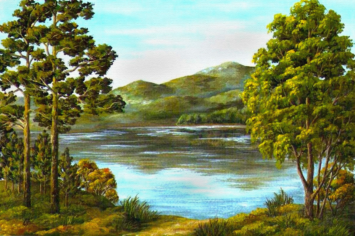 "Autumn's Serenity: An Oil Painting on Canvas of a Mountain Lake."