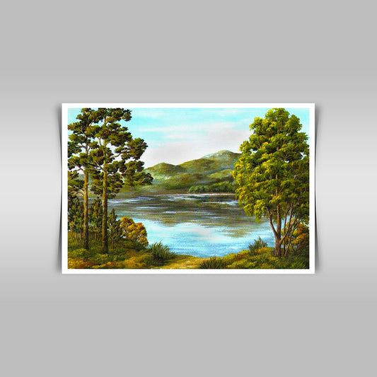 "Autumn's Serenity: An Oil Painting on Canvas of a Mountain Lake."