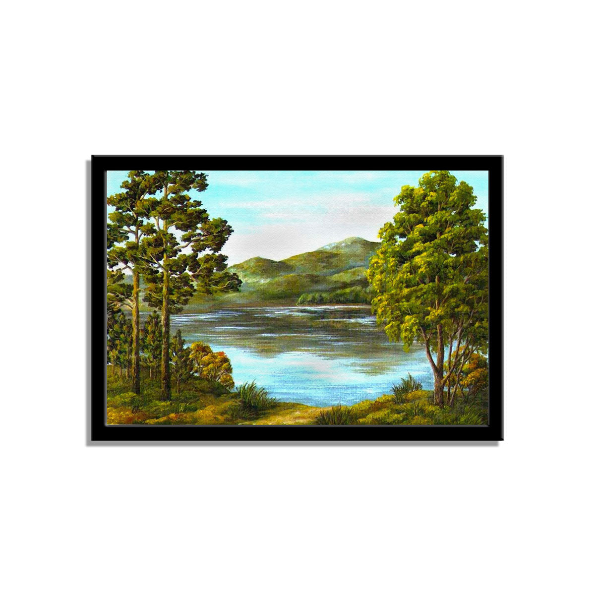 "Autumn's Serenity: An Oil Painting on Canvas of a Mountain Lake."