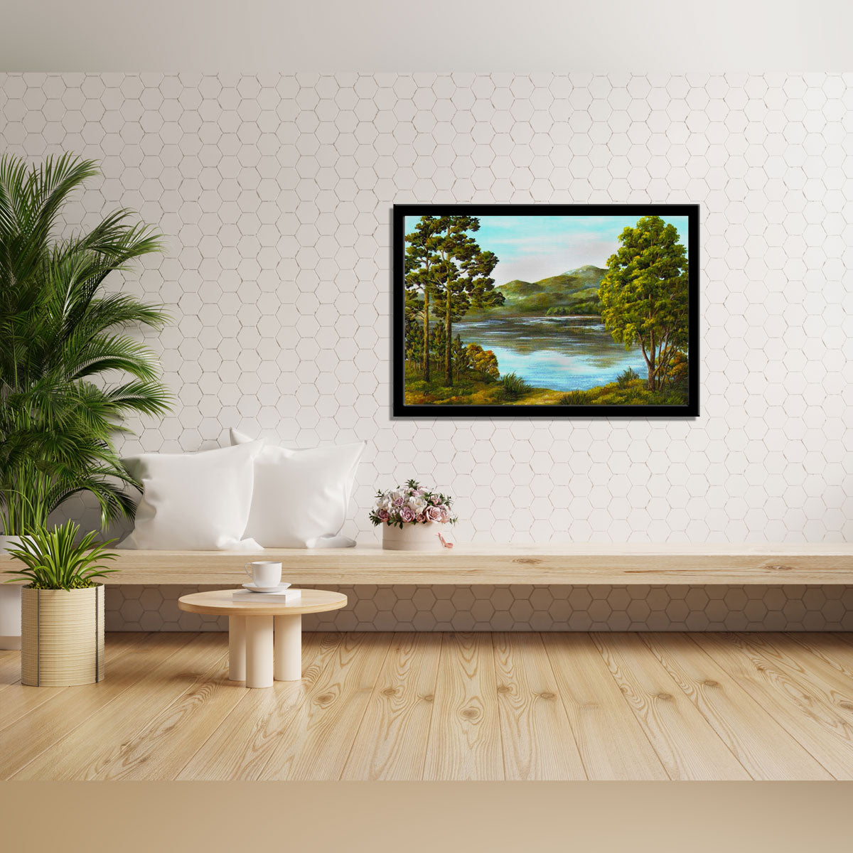 "Autumn's Serenity: An Oil Painting on Canvas of a Mountain Lake."