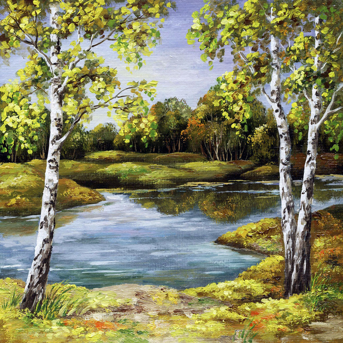 "Birches by the Coast in Autumn: An Oil Painting on Canvas."