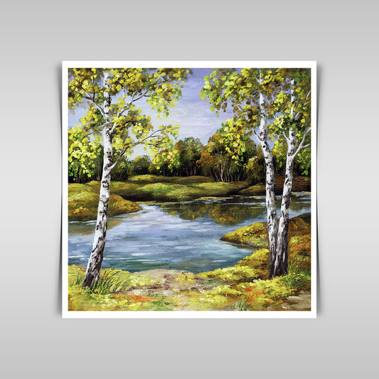 "Birches by the Coast in Autumn: An Oil Painting on Canvas."