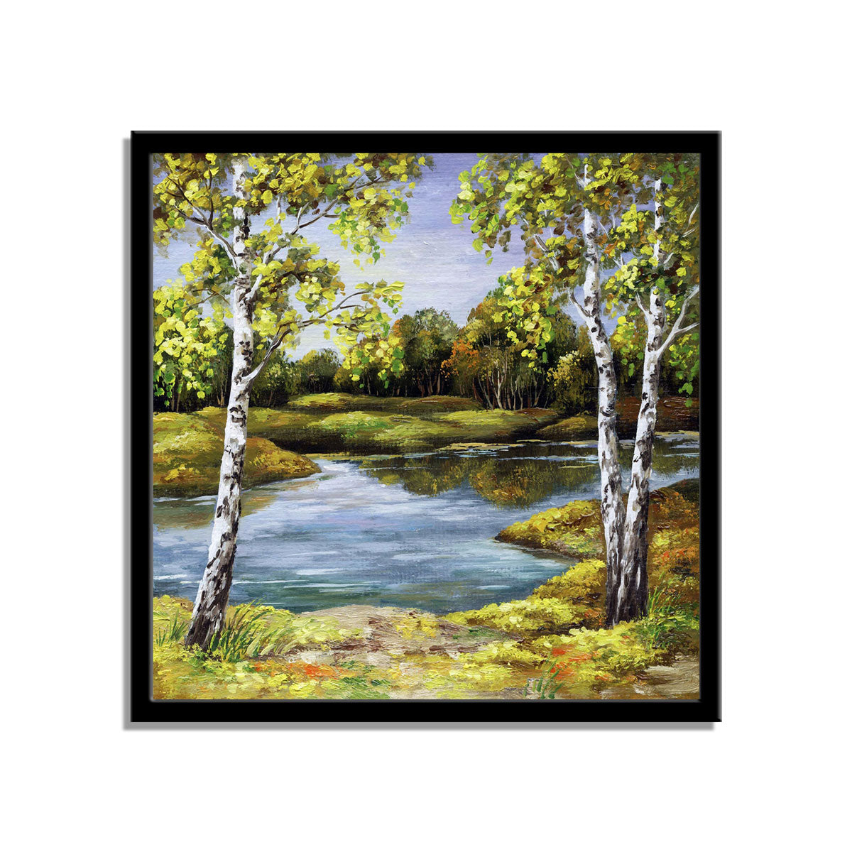 "Birches by the Coast in Autumn: An Oil Painting on Canvas."