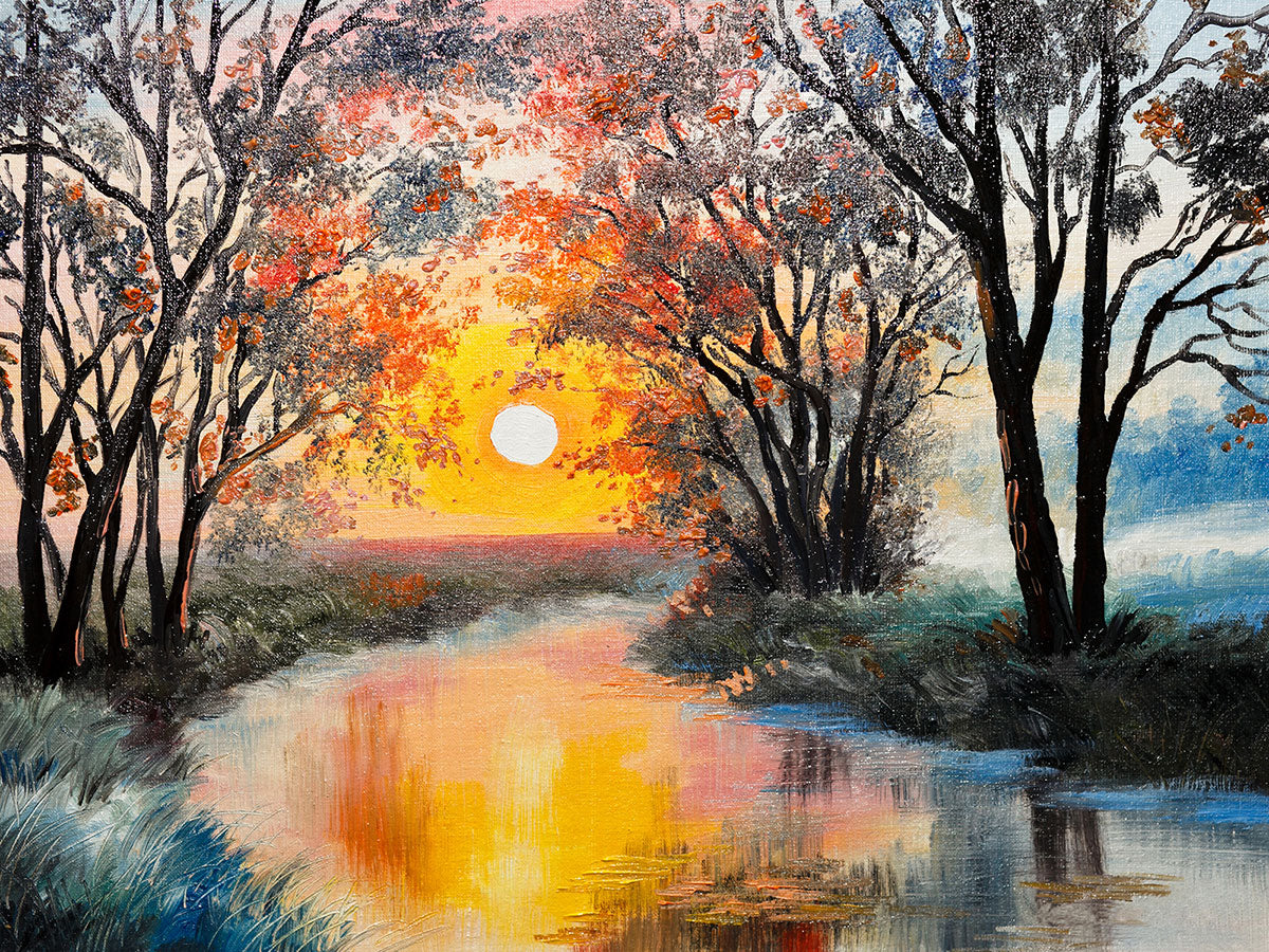 "The River's Serenity: An Oil Painting on Canvas Capturing Nature's Beauty."