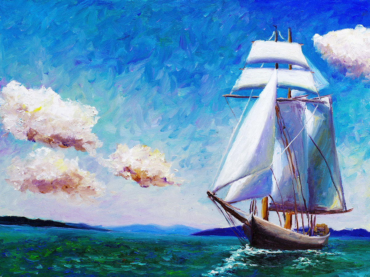 "Sailing Boat Serenity: An Oil Painting Capturing Nautical Tranquility."