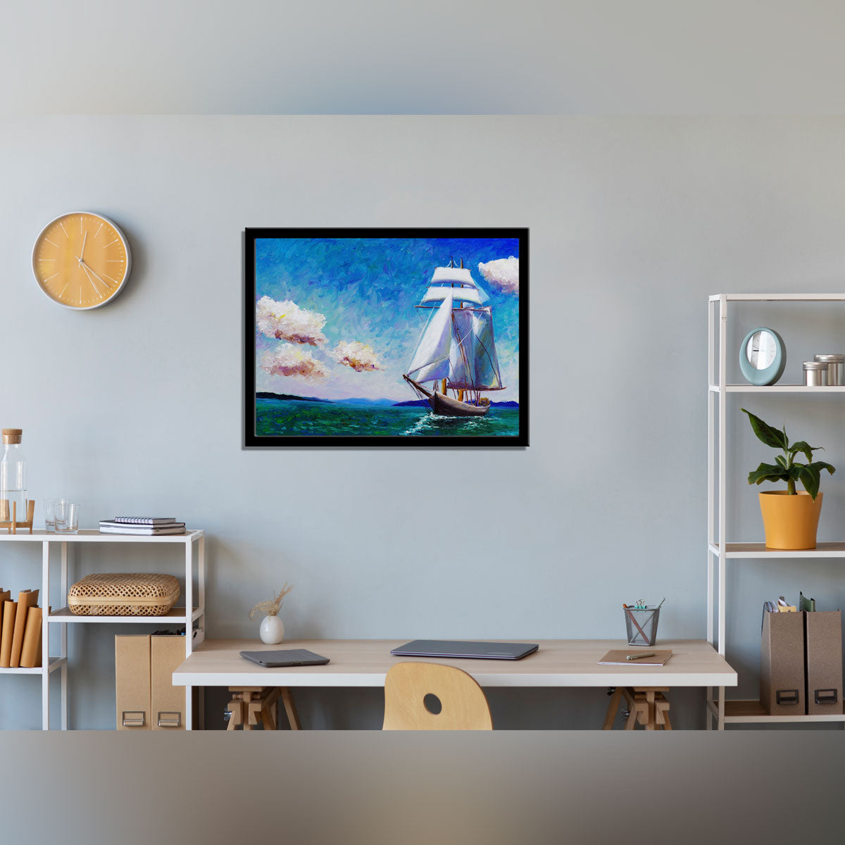 "Sailing Boat Serenity: An Oil Painting Capturing Nautical Tranquility."