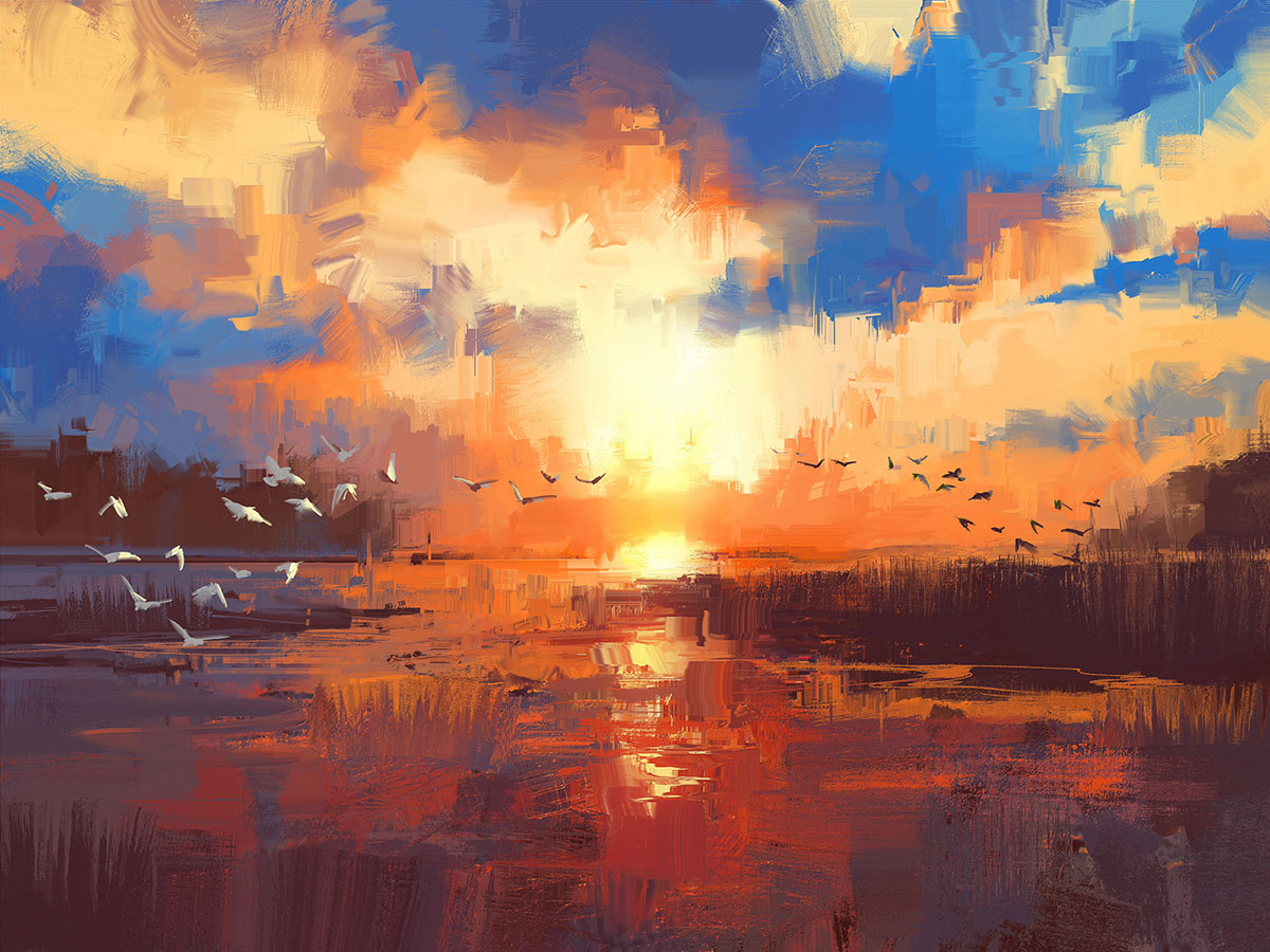 "Sunset Over the Lake: A Beautiful Illustration of Nature's Splendor."