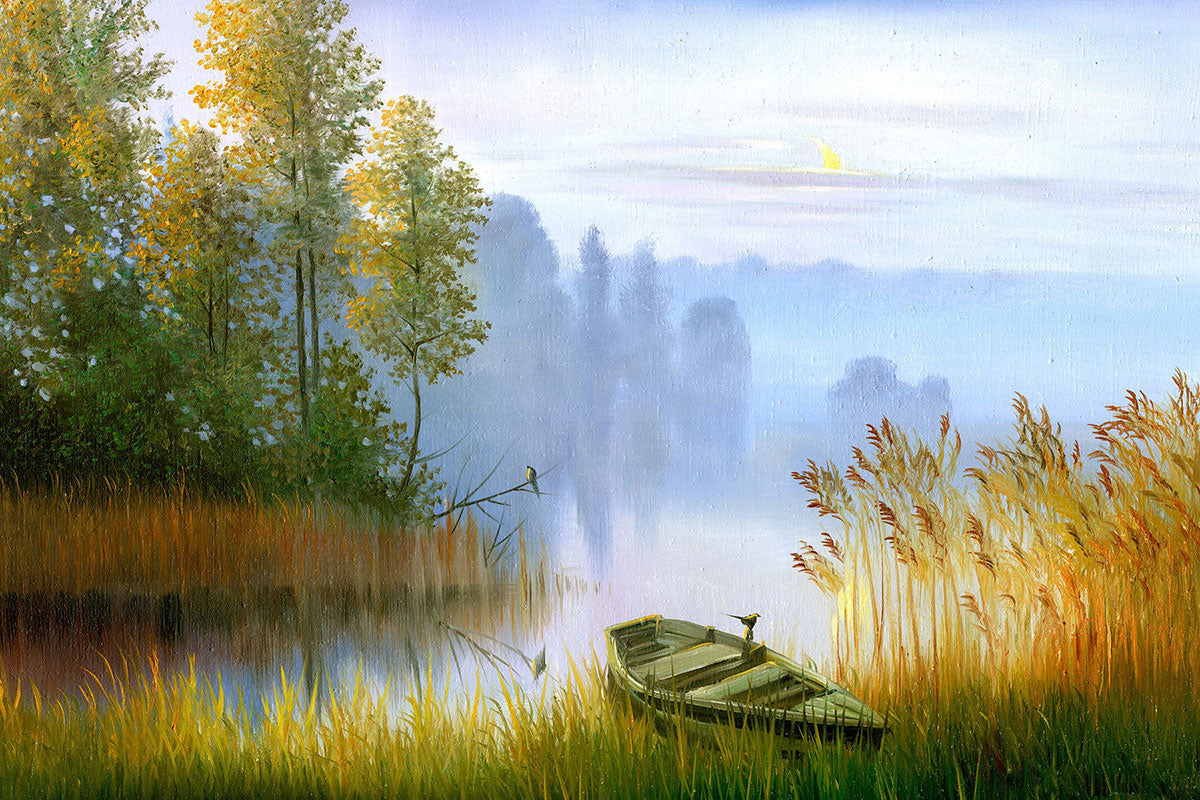 "Tranquil Twilight: A Wooden Boat by the Lake at Sunset."