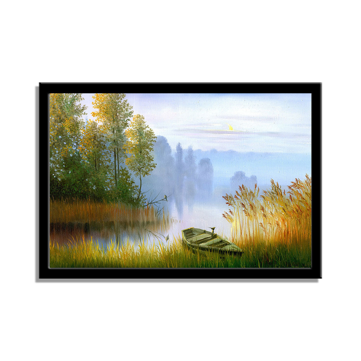 "Tranquil Twilight: A Wooden Boat by the Lake at Sunset."