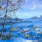 "Quiet Snowy Night: Watercolor Landscape with Lighted Winter Windows."