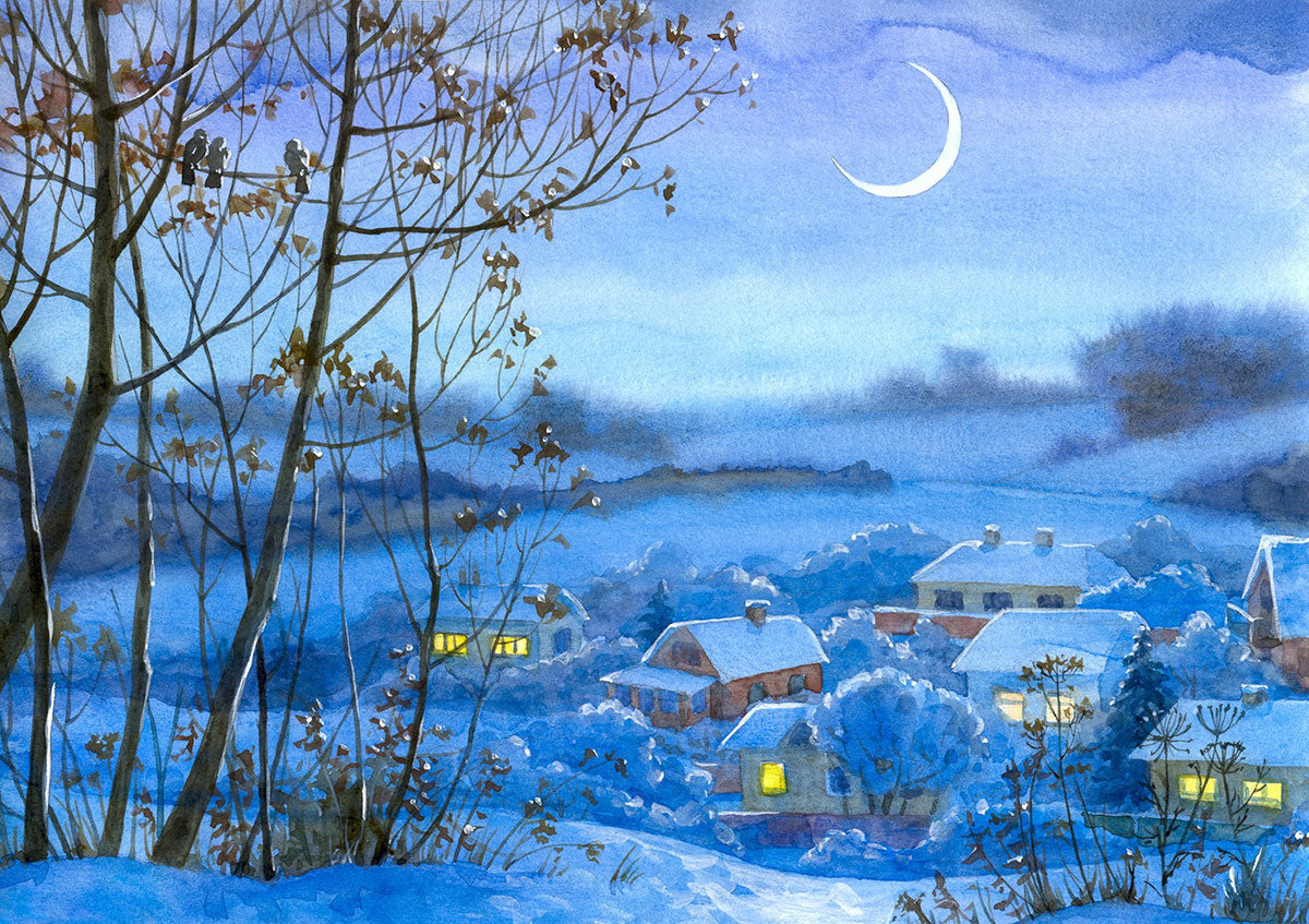 "Quiet Snowy Night: Watercolor Landscape with Lighted Winter Windows."