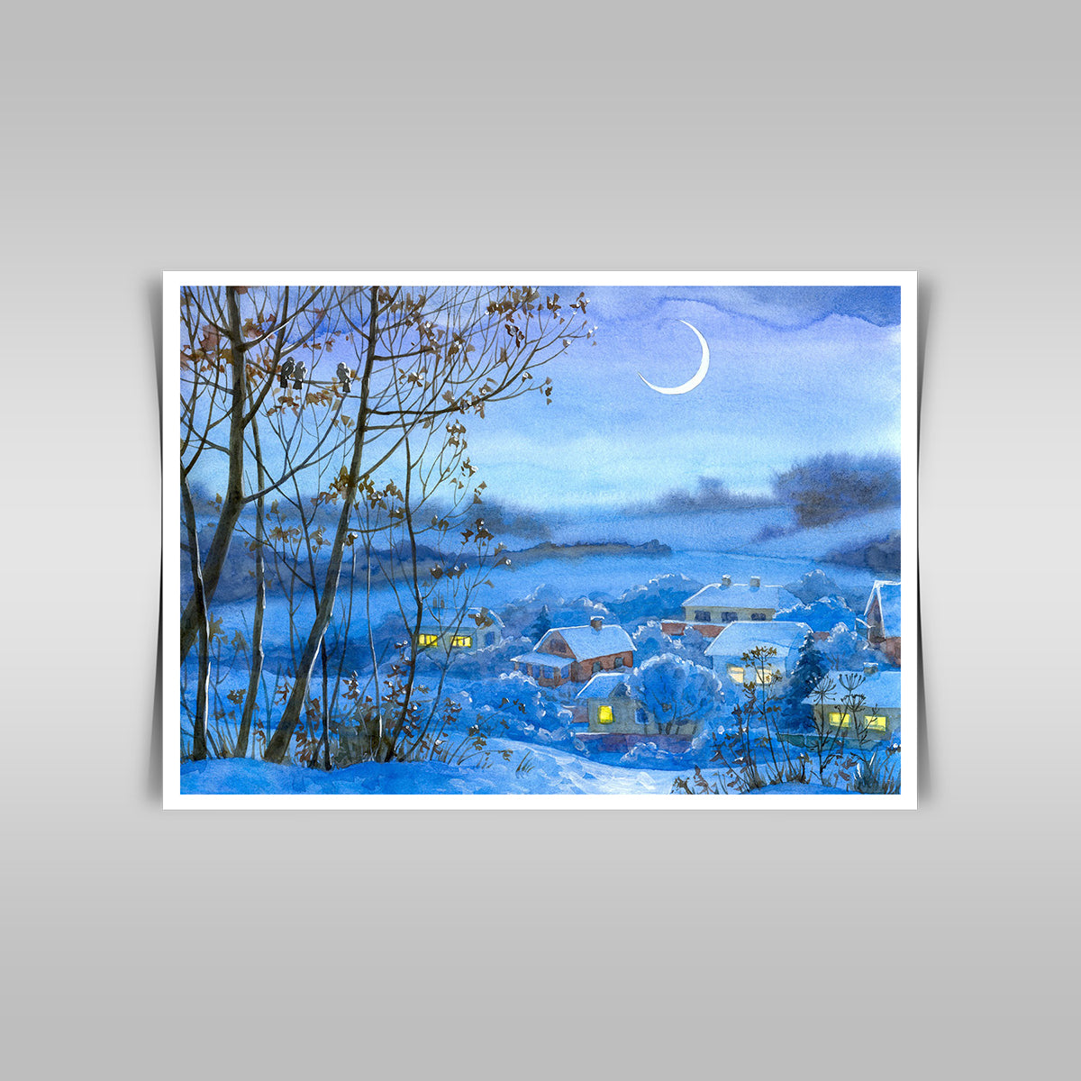 "Quiet Snowy Night: Watercolor Landscape with Lighted Winter Windows."