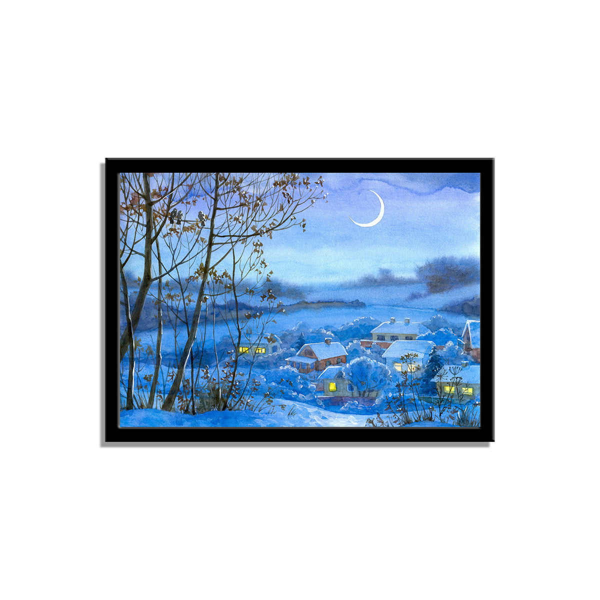 "Quiet Snowy Night: Watercolor Landscape with Lighted Winter Windows."