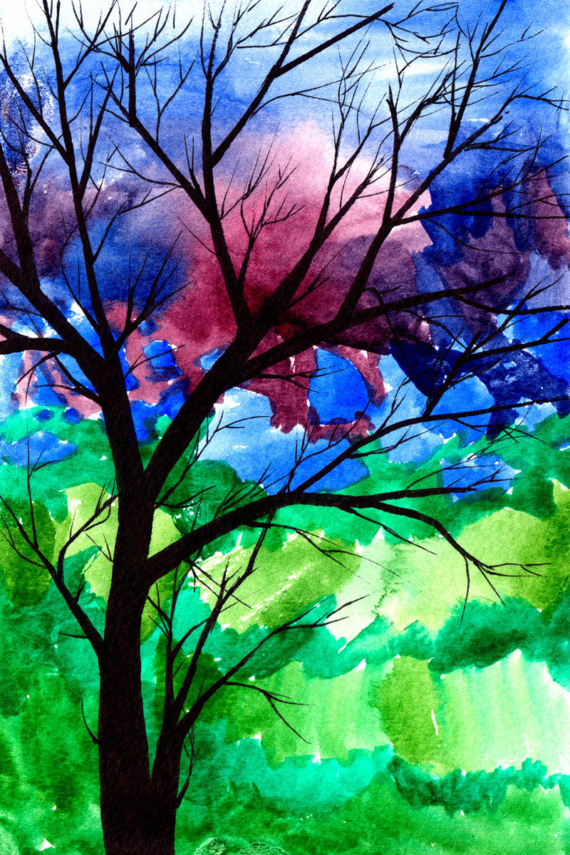 "Cool Color Tree: A Serene Watercolor Representation of Nature."