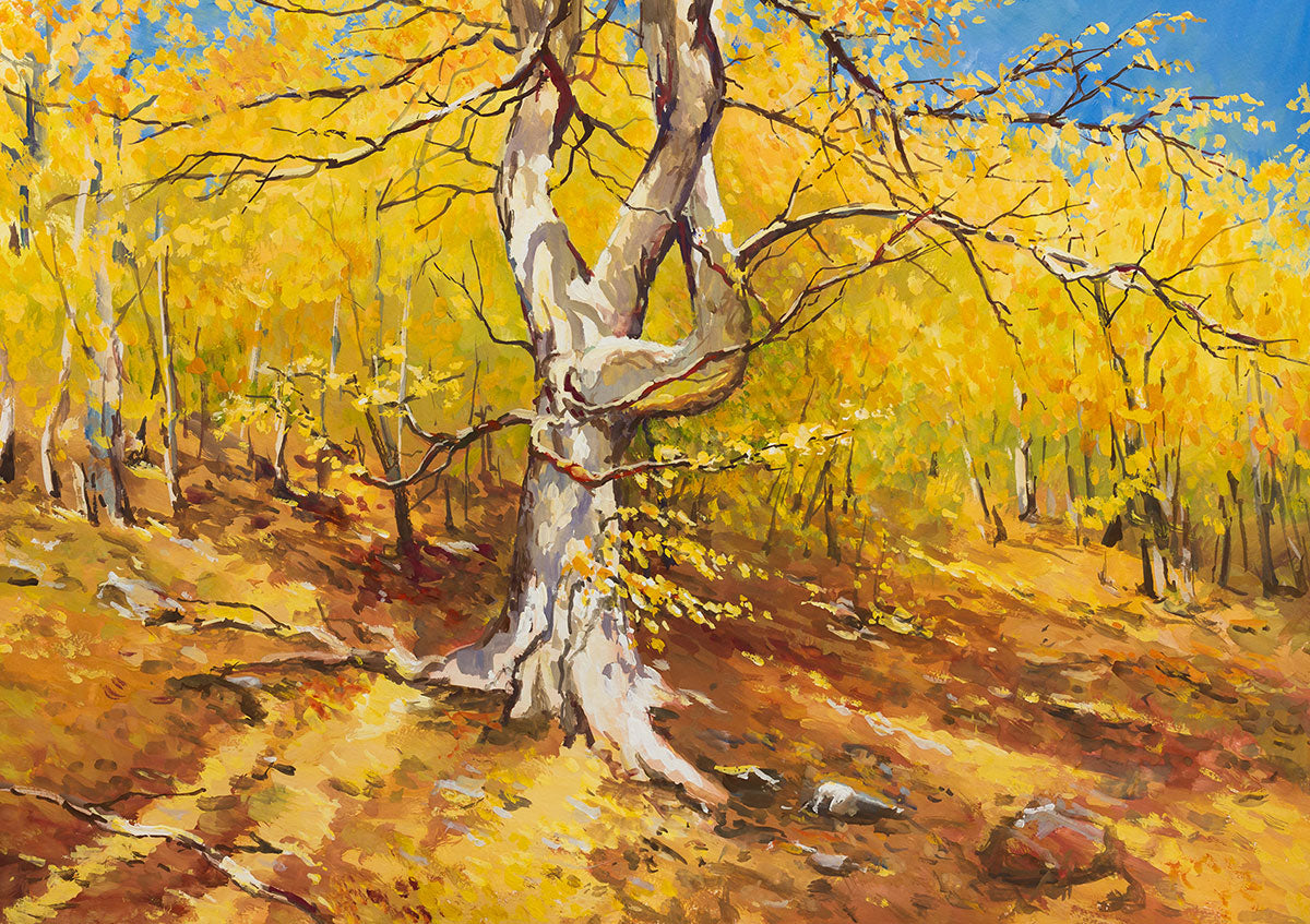 "Gouache Forest: An Autumnal Landscape on Paper, Crafted with Care."