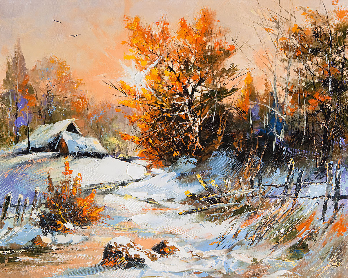 "Rural Winter Wonderland: A Charming Landscape Blanketed in Snow."