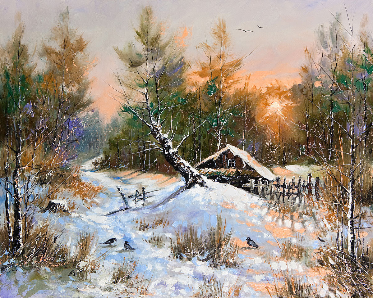 "Rural Winter Wonderland: A Charming Landscape Blanketed in Snow."