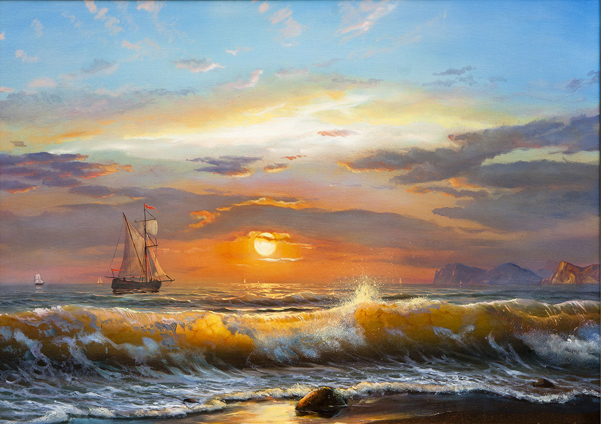 Sailboat at Sunset: An Oil Painting on Canvas, Capturing Maritime Beauty.