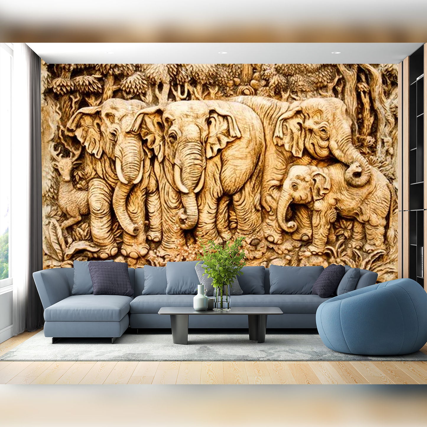 Elephants in the Wild: Wood Carving Masterpiece