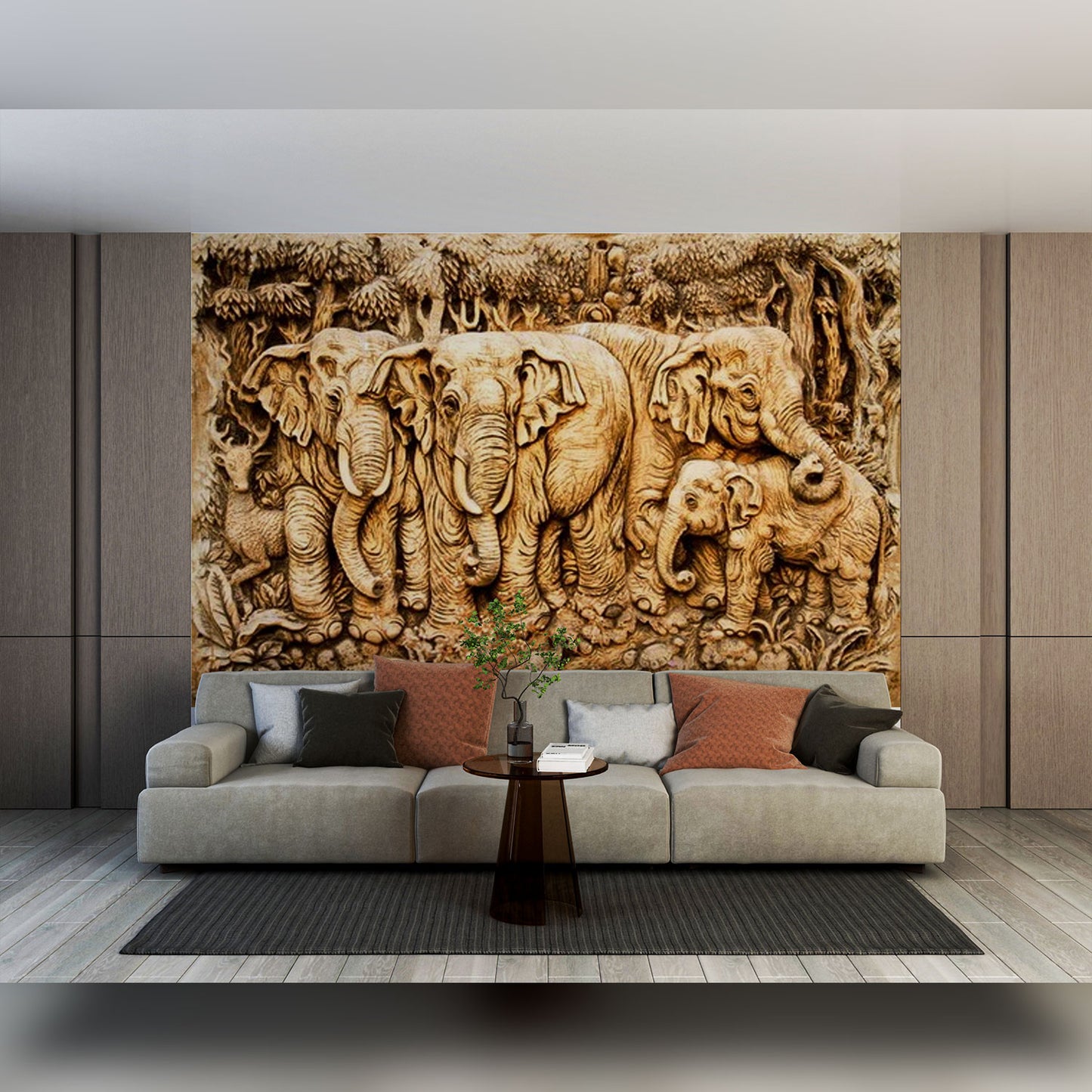 Elephants in the Wild: Wood Carving Masterpiece