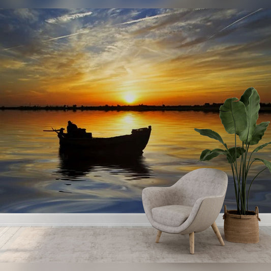 Serenity at Sunset: Solitary Boat on Golden Waters