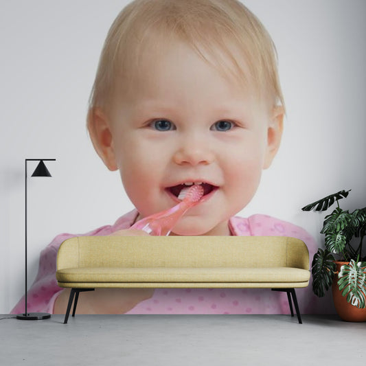 Toddler Brushing Teeth with Pink Toothbrush