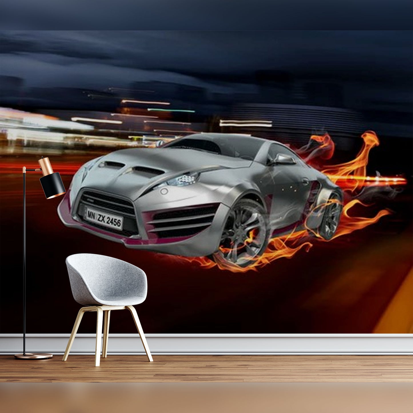 Futuristic Sports Car in Motion with Fiery Trails