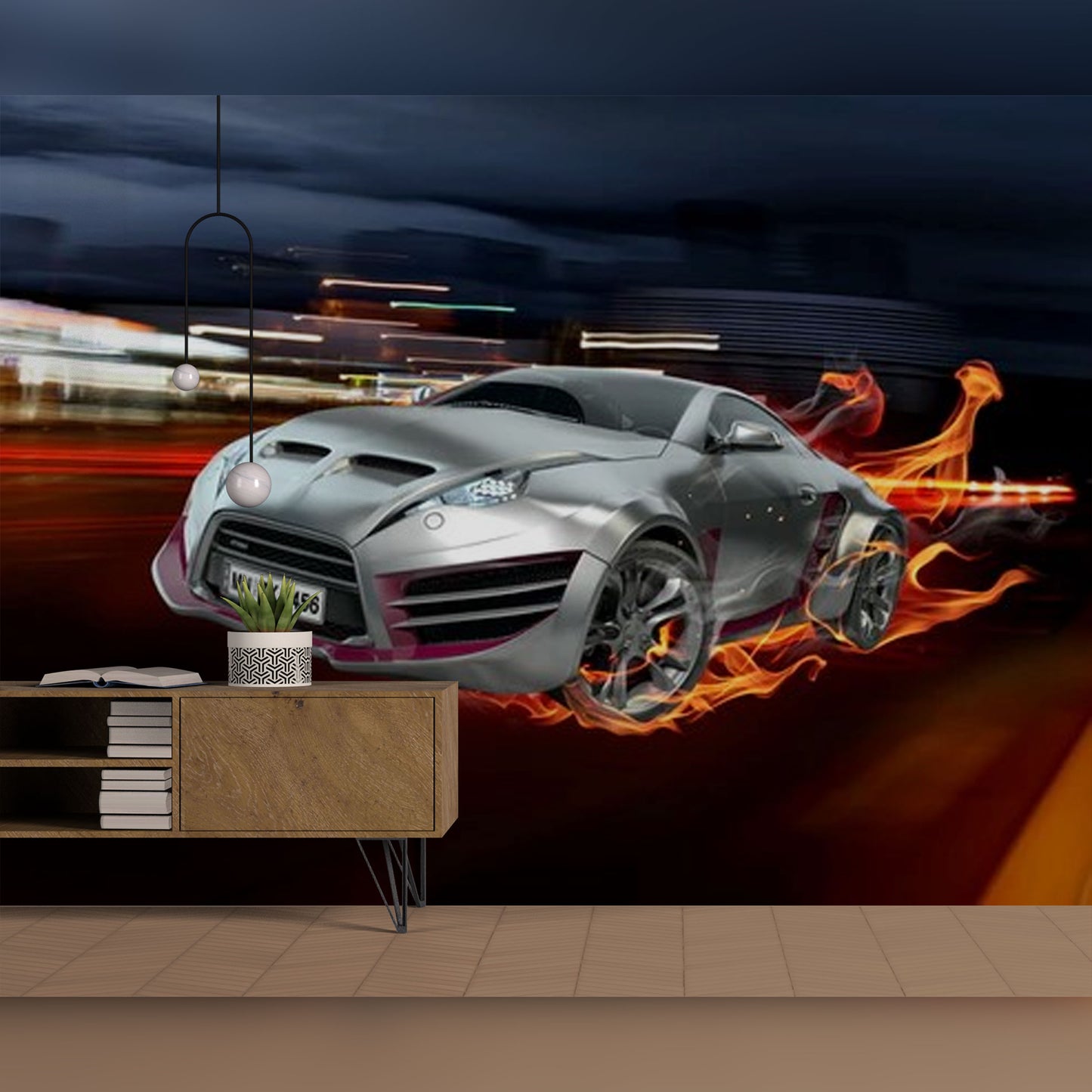 Futuristic Sports Car in Motion with Fiery Trails