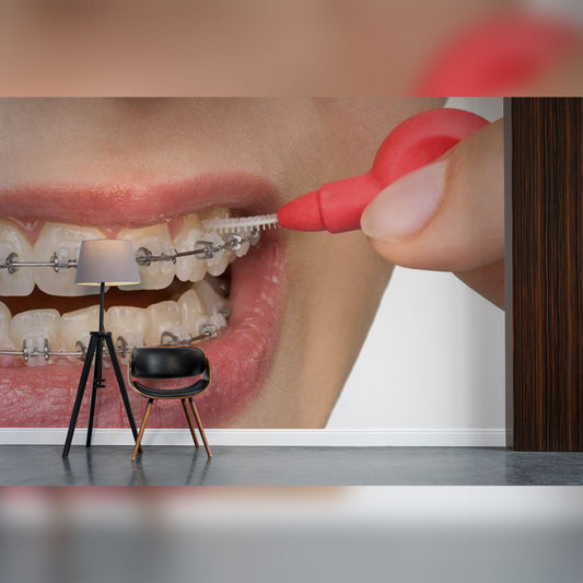 Close-Up of Braces Care with Interdental Brush