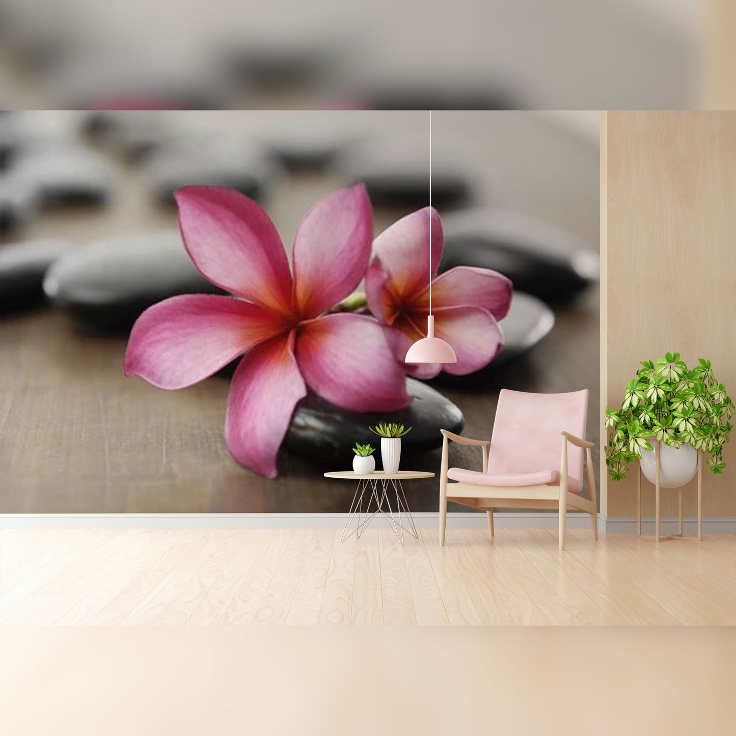 Tranquil Spa Setting with Pink Plumeria and Zen Stones