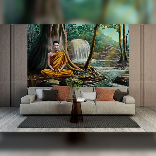 Buddha Meditating in a Serene Forest by a Waterfall