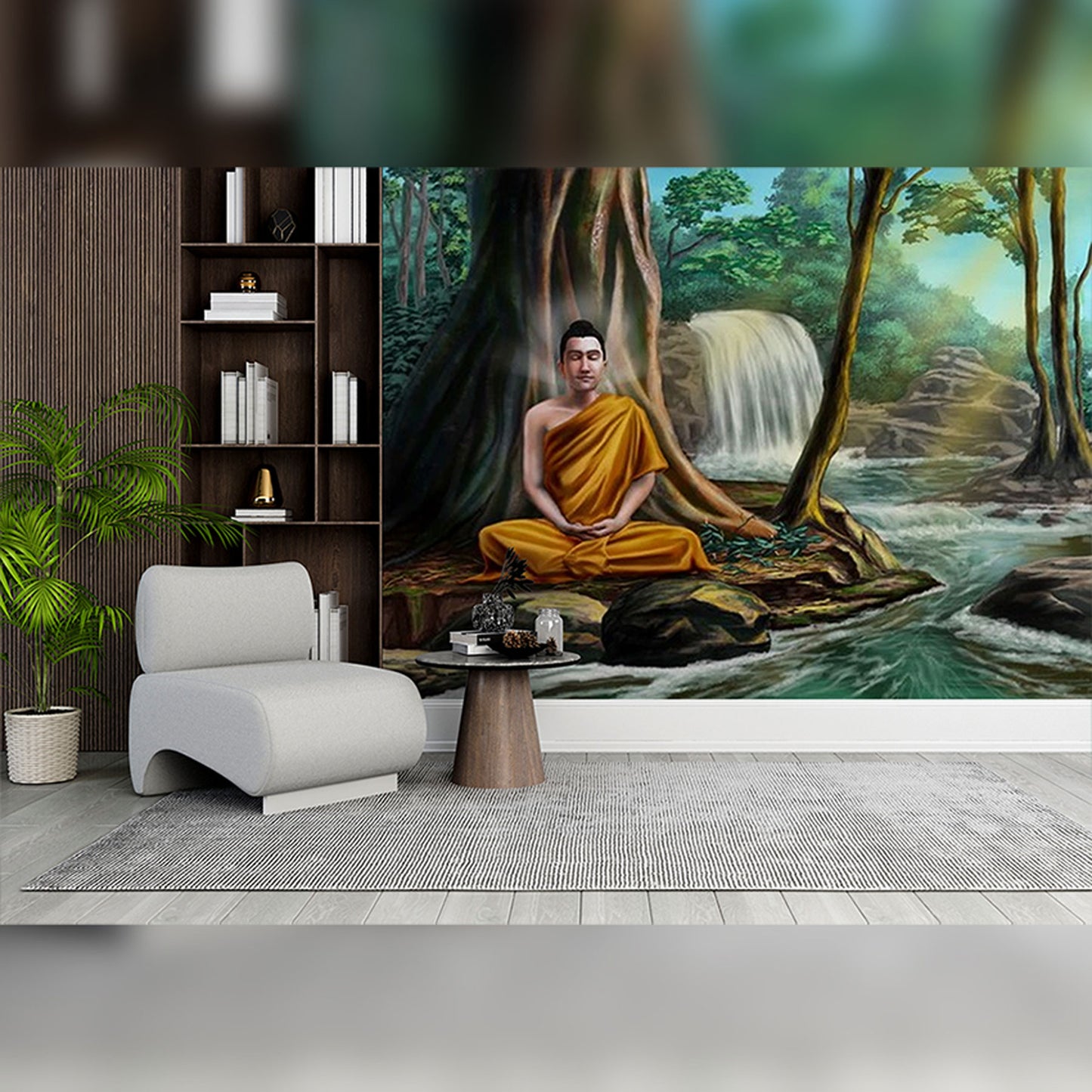 Buddha Meditating in a Serene Forest by a Waterfall