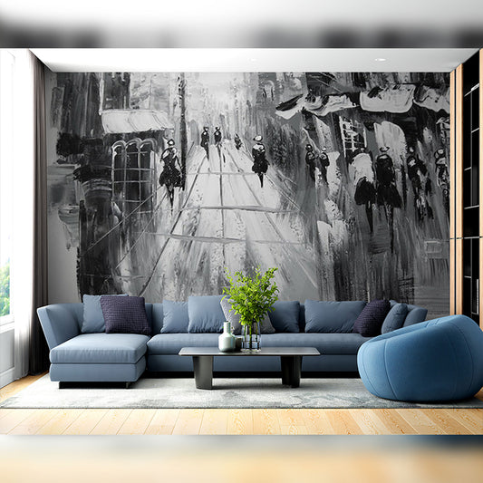 Modern Living Room with Monochrome Urban Art Mural