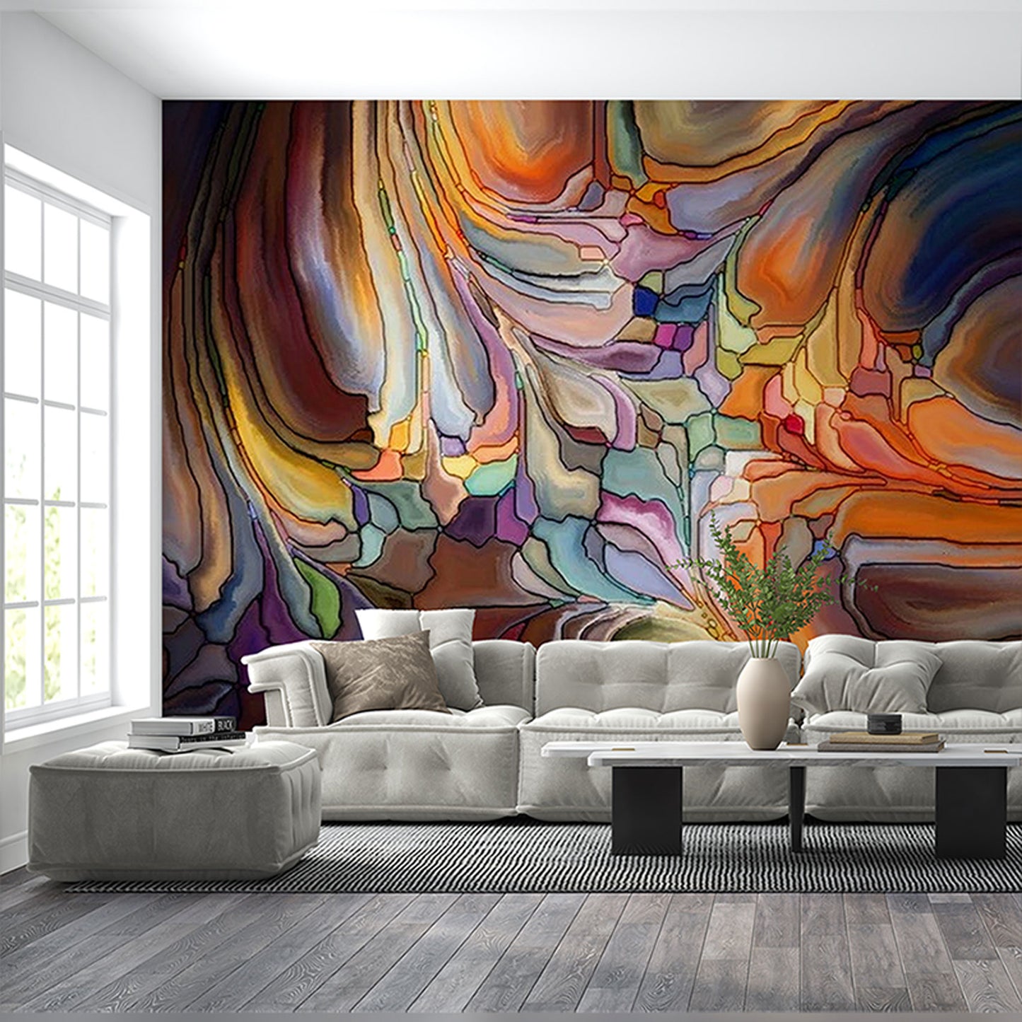 Vibrant Lounge with Abstract Art Mural