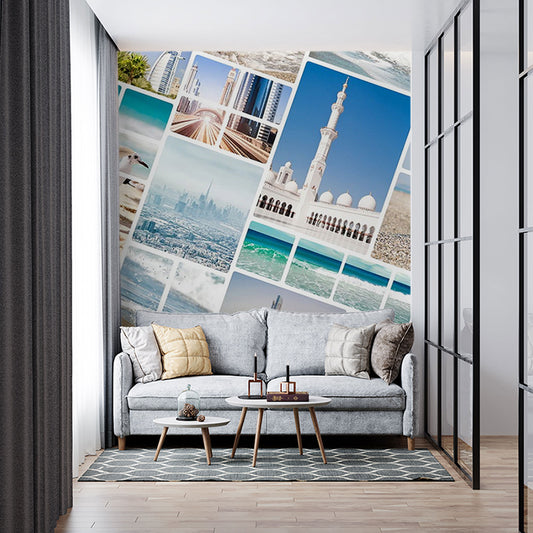 Travel-Inspired Living Room with Photo Collage Wall Mural