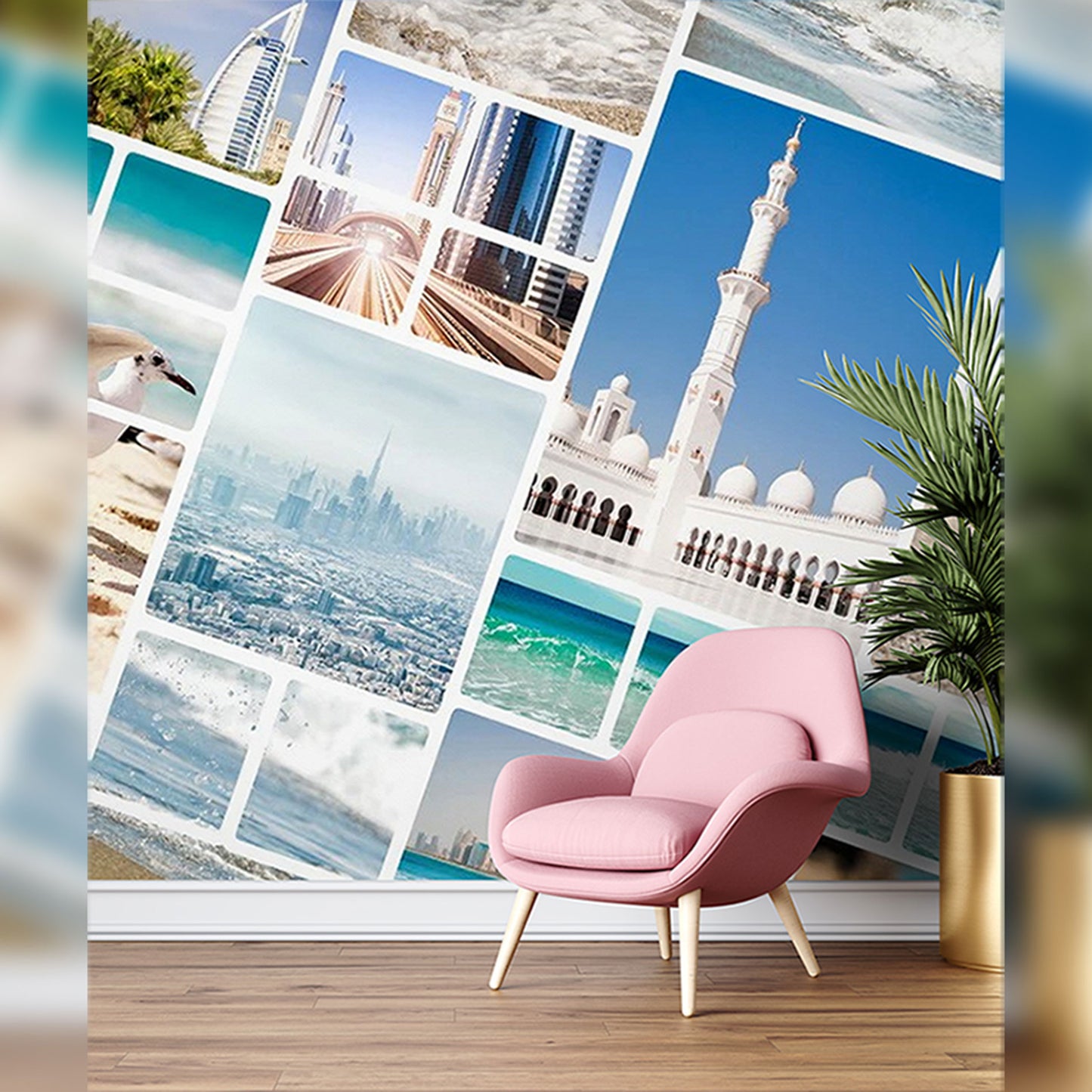 Travel-Inspired Living Room with Photo Collage Wall Mural