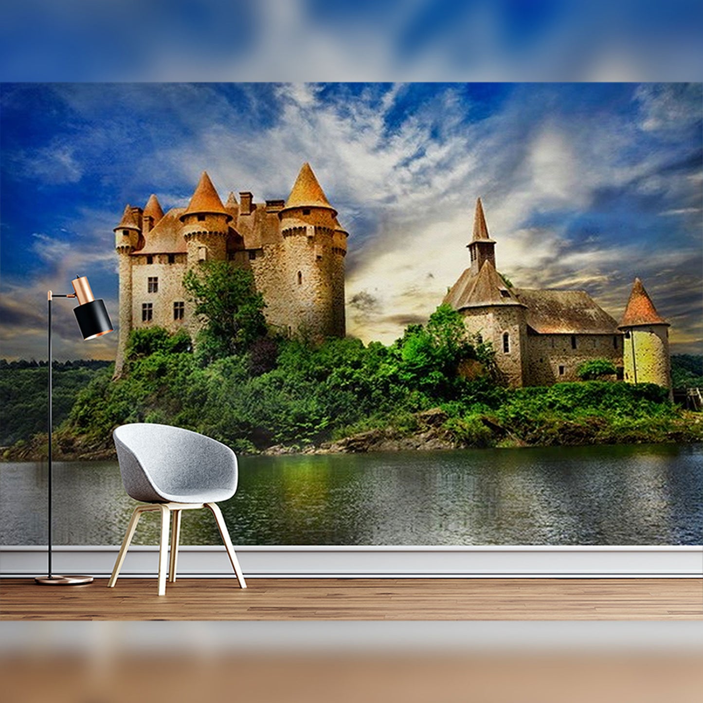 Enchanting Living Room with Castle Landscape Mural